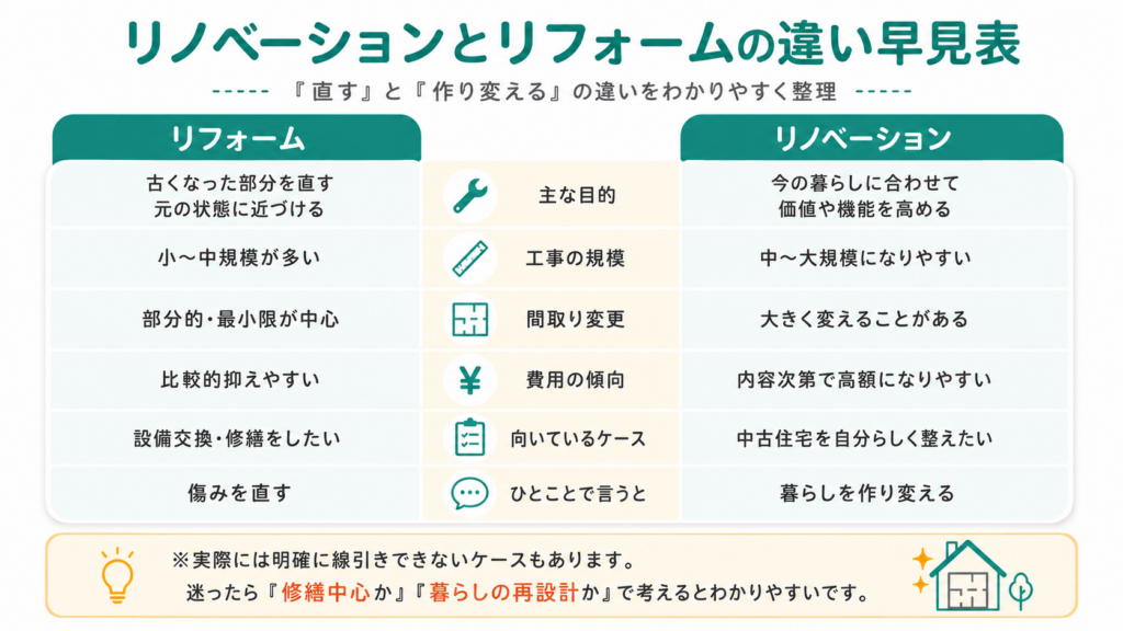 リノベーションとリフォームの違い早見表